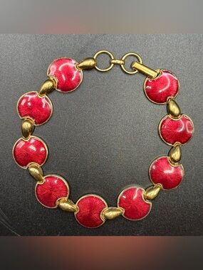 Vintage Red Guilloche Enamel Bracelet Gold Tone Sunburst Disc Link Mid Century
